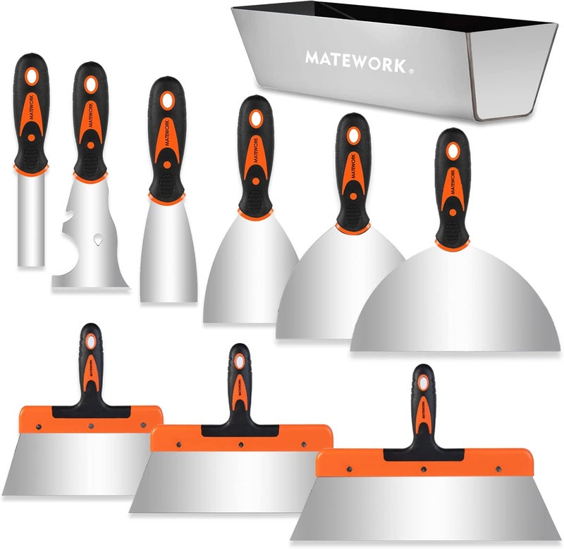 Matework Putty knife,10 Piece Stainless Steel Paint Scraper Tool Set,14" Mud Pan for Repairing Drywall, Removing Wallpaper, Applying Putty, Plaster, Cement, Adhesive - Image 1